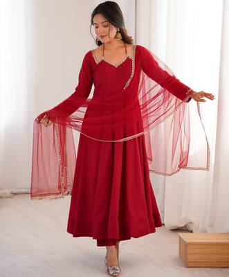 Pure chanderi silk neck fancy lace work maroon readymade ethnic gown 1