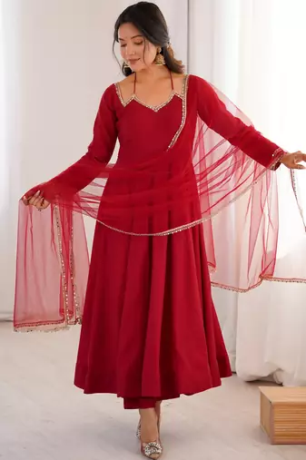 Pure chanderi silk neck fancy lace work maroon readymade ethnic gown