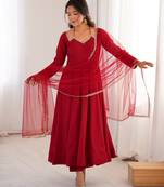 Pure chanderi silk neck fancy lace work maroon readymade ethnic gown