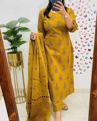 Musturd Yellow Sequence & Embroidery Work Cotton Kurti Pant Dupatta Salwar Kameez 2