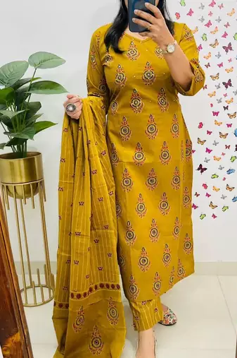 Musturd Yellow Sequence & Embroidery Work Cotton Kurti Pant Dupatta Salwar Kameez