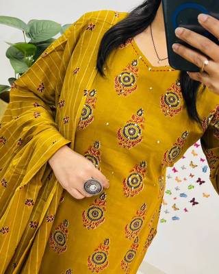 Musturd Yellow Sequence & Embroidery Work Cotton Kurti Pant Dupatta Salwar Kameez 3