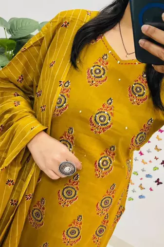 Musturd Yellow Sequence & Embroidery Work Cotton Kurti Pant Dupatta Salwar Kameez