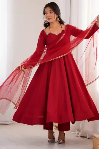 Pure chanderi silk neck fancy lace work maroon readymade ethnic gown