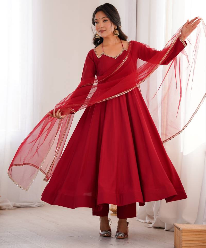 Pure chanderi silk neck fancy lace work maroon readymade ethnic gown