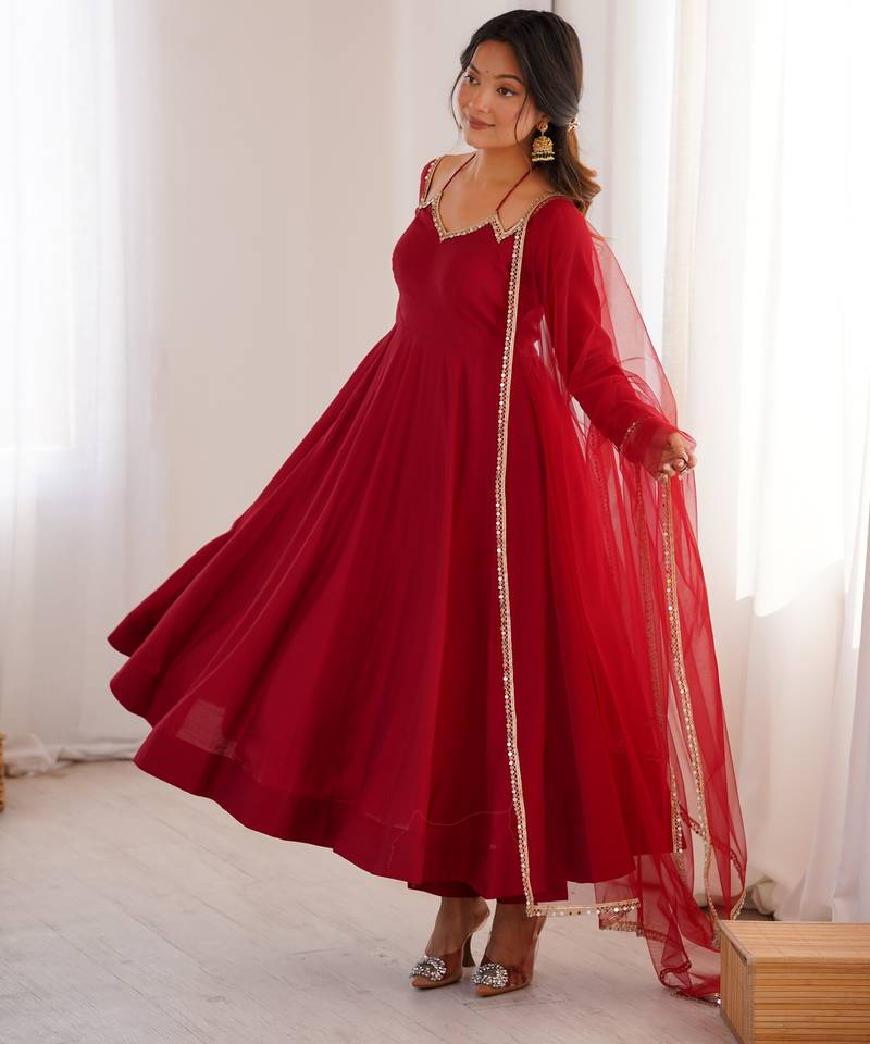 Pure chanderi silk neck fancy lace work maroon readymade ethnic gown