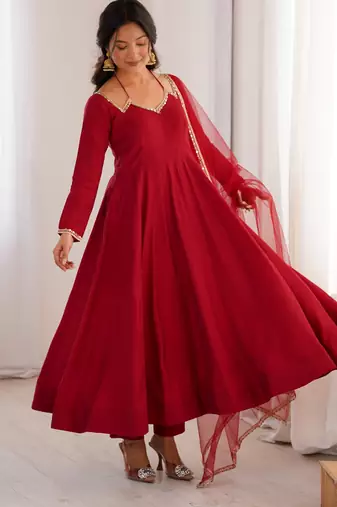 Pure chanderi silk neck fancy lace work maroon readymade ethnic gown