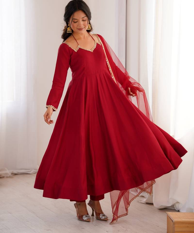 Pure chanderi silk neck fancy lace work maroon readymade ethnic gown
