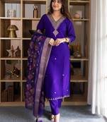 Floral embroidered silk blend v neck kurta trouser & dupatta set