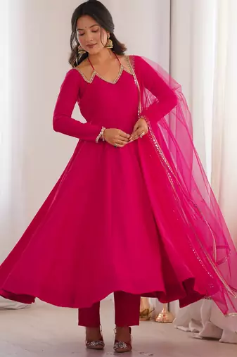 Pure chanderi silk neck fancy lace work rani pink readymade ethnic gown