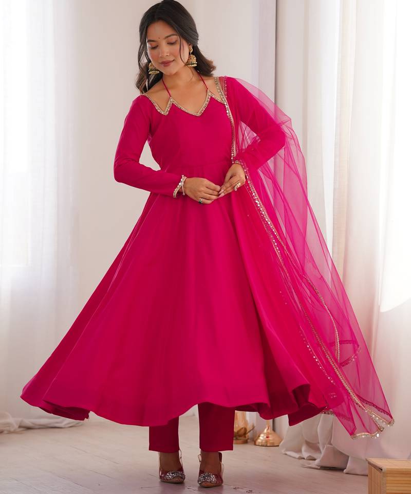 Pure chanderi silk neck fancy lace work rani pink readymade ethnic gown