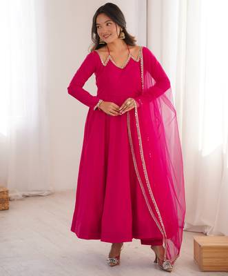 Pure chanderi silk neck fancy lace work rani pink readymade ethnic gown 3