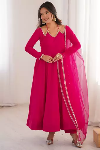Pure chanderi silk neck fancy lace work rani pink readymade ethnic gown