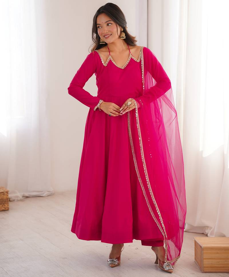 Pure chanderi silk neck fancy lace work rani pink readymade ethnic gown