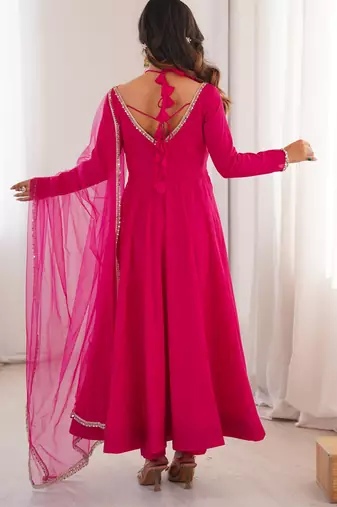 Pure chanderi silk neck fancy lace work rani pink readymade ethnic gown