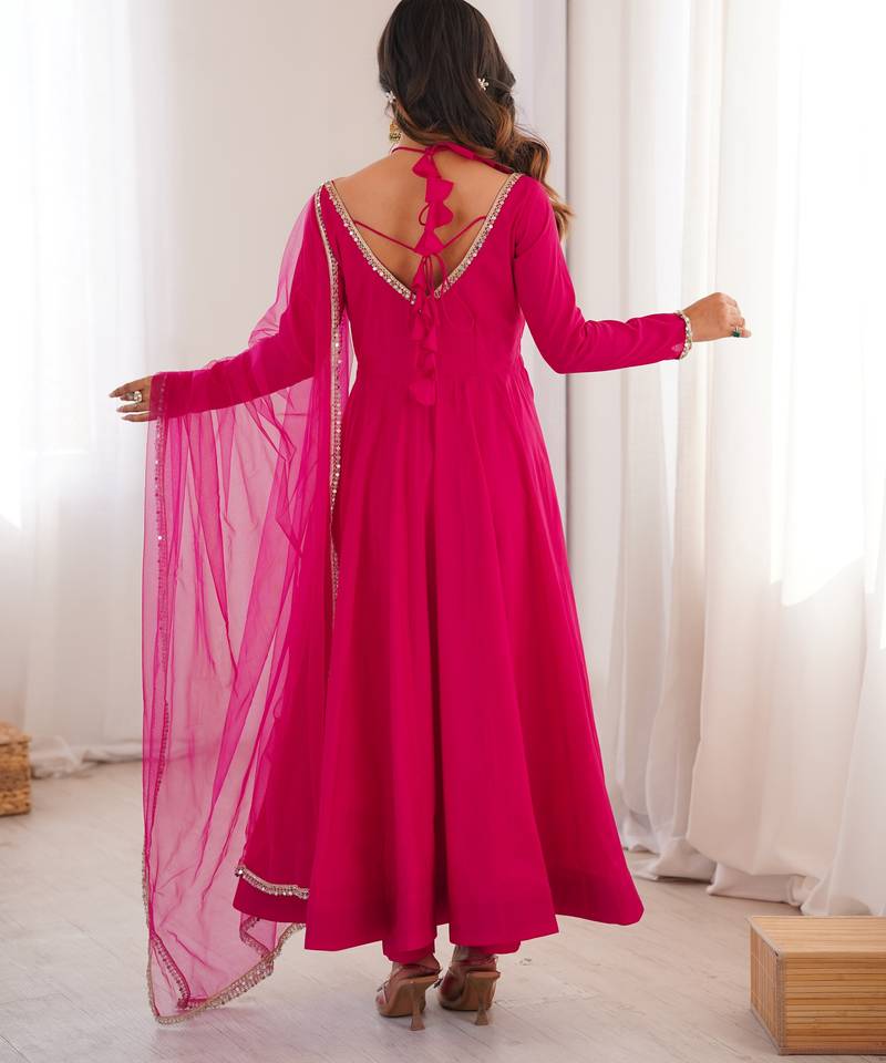 Pure chanderi silk neck fancy lace work rani pink readymade ethnic gown