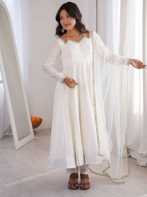 Pure chanderi silk neck fancy lace work off white readymade ethnic gown 1