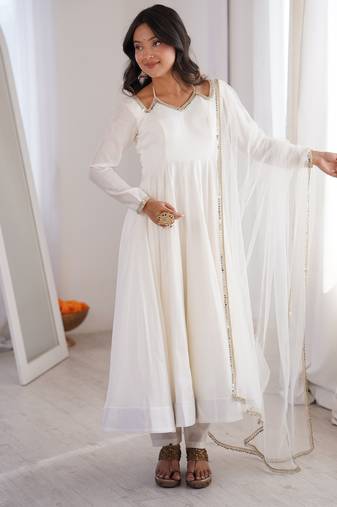 Pure chanderi silk neck fancy lace work off white readymade ethnic gown