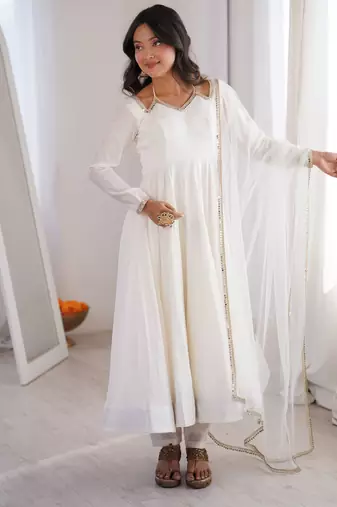 Pure chanderi silk neck fancy lace work off white readymade ethnic gown
