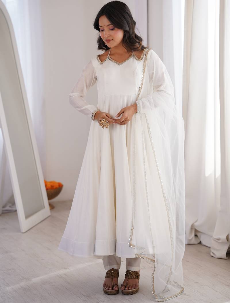 Pure chanderi silk neck fancy lace work off white readymade ethnic gown
