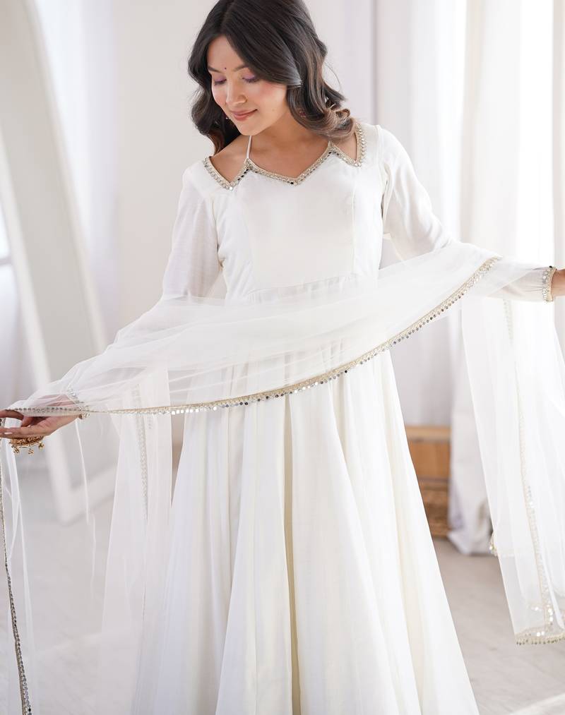 Pure chanderi silk neck fancy lace work off white readymade ethnic gown