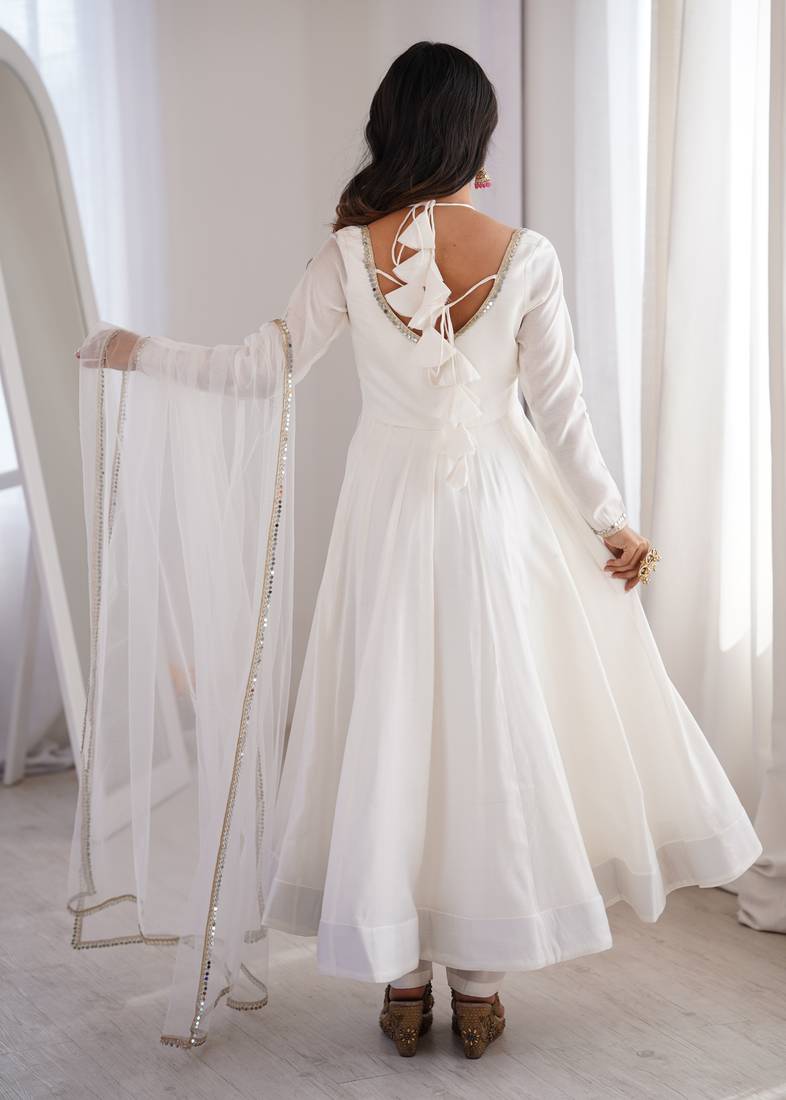Pure chanderi silk neck fancy lace work off white readymade ethnic gown