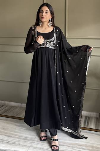 Heavy pure fox georgette silk embroidery sequins work black readymade ethnic gown
