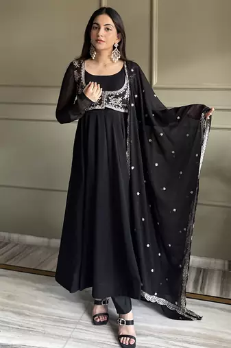 Heavy pure fox georgette silk embroidery sequins work black readymade ethnic gown