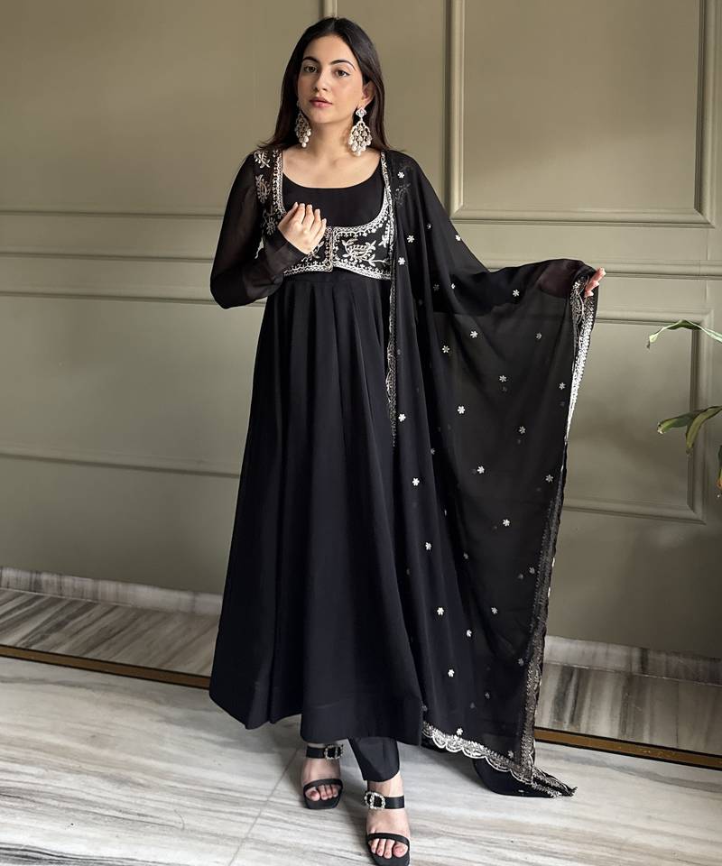 Heavy pure fox georgette silk embroidery sequins work black readymade ethnic gown