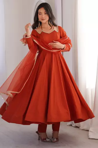 Pure chanderi silk neck fancy lace work rust readymade ethnic gown