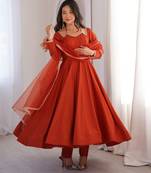 Pure chanderi silk neck fancy lace work rust readymade ethnic gown