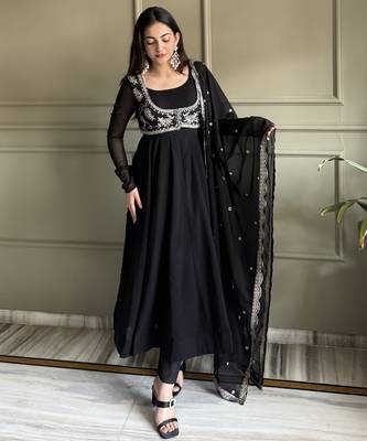 Heavy pure fox georgette silk embroidery sequins work black readymade ethnic gown 3