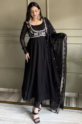 Heavy pure fox georgette silk embroidery sequins work black readymade ethnic gown