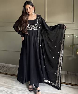 Heavy pure fox georgette silk embroidery sequins work black readymade ethnic gown 4