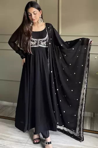 Heavy pure fox georgette silk embroidery sequins work black readymade ethnic gown