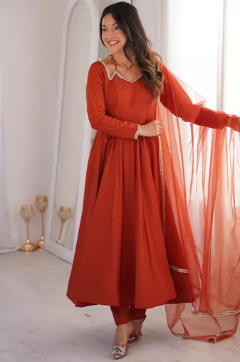 Pure chanderi silk neck fancy lace work rust readymade ethnic gown