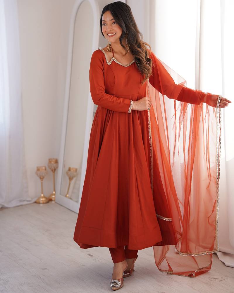 Pure chanderi silk neck fancy lace work rust readymade ethnic gown
