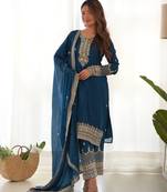 Trendy chinon silk embroidery sequins work teal blue readymade salwar suit