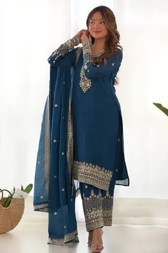 Trendy chinon silk embroidery sequins work teal blue readymade salwar suit