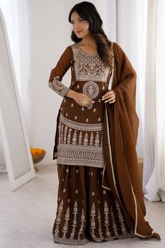 Heavy silk embroidery sequins work brown readymade salwar suit