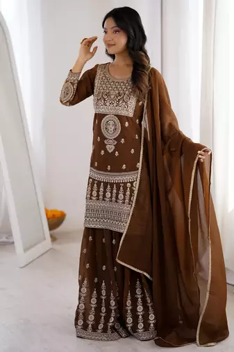 Heavy silk embroidery sequins work brown readymade salwar suit