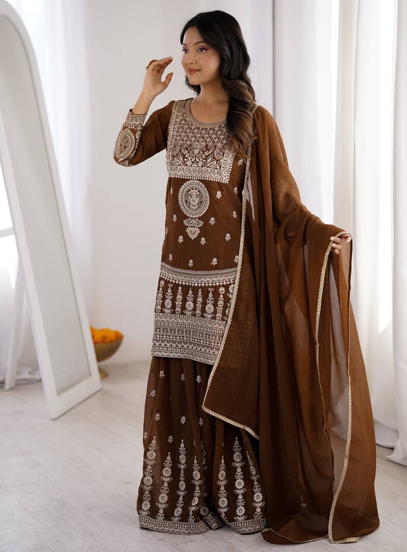 Heavy silk embroidery sequins work brown readymade salwar suit