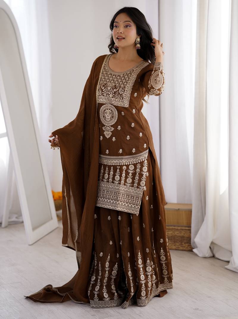 Heavy silk embroidery sequins work brown readymade salwar suit