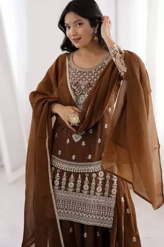 Heavy silk embroidery sequins work brown readymade salwar suit