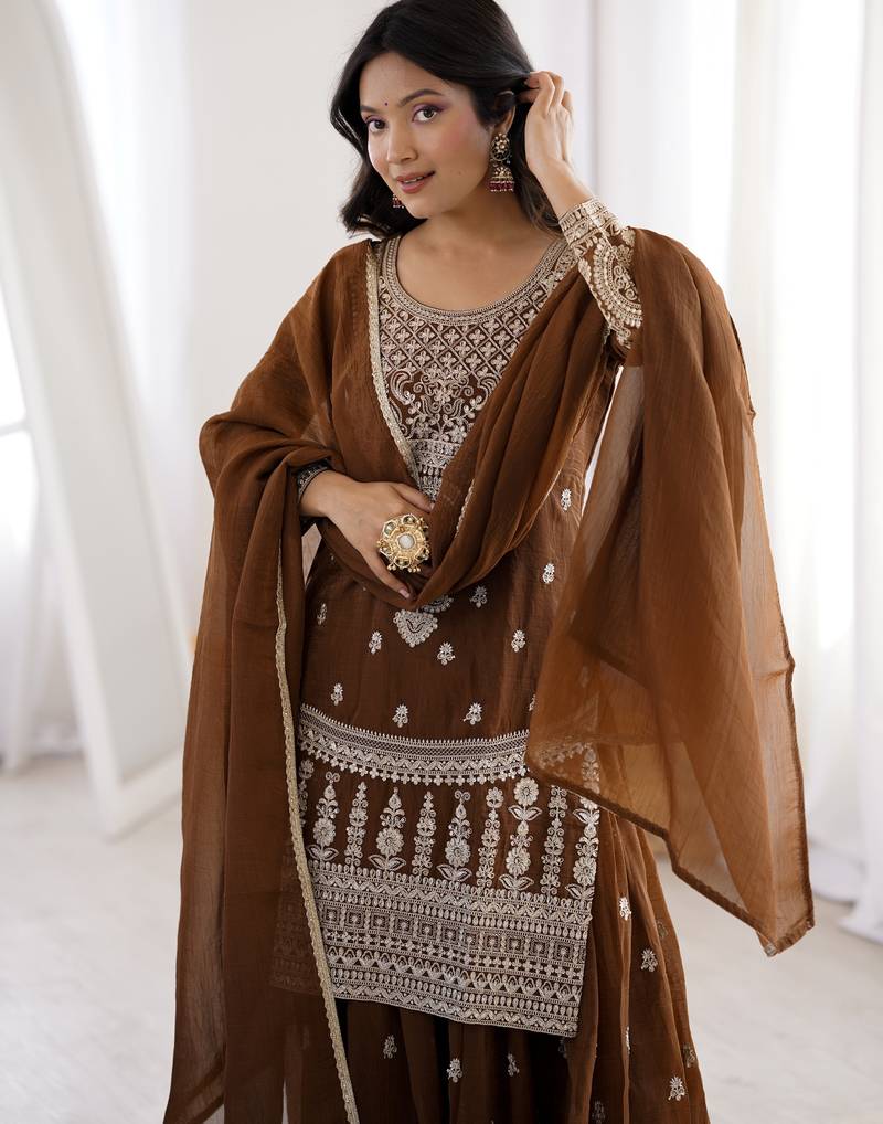 Heavy silk embroidery sequins work brown readymade salwar suit