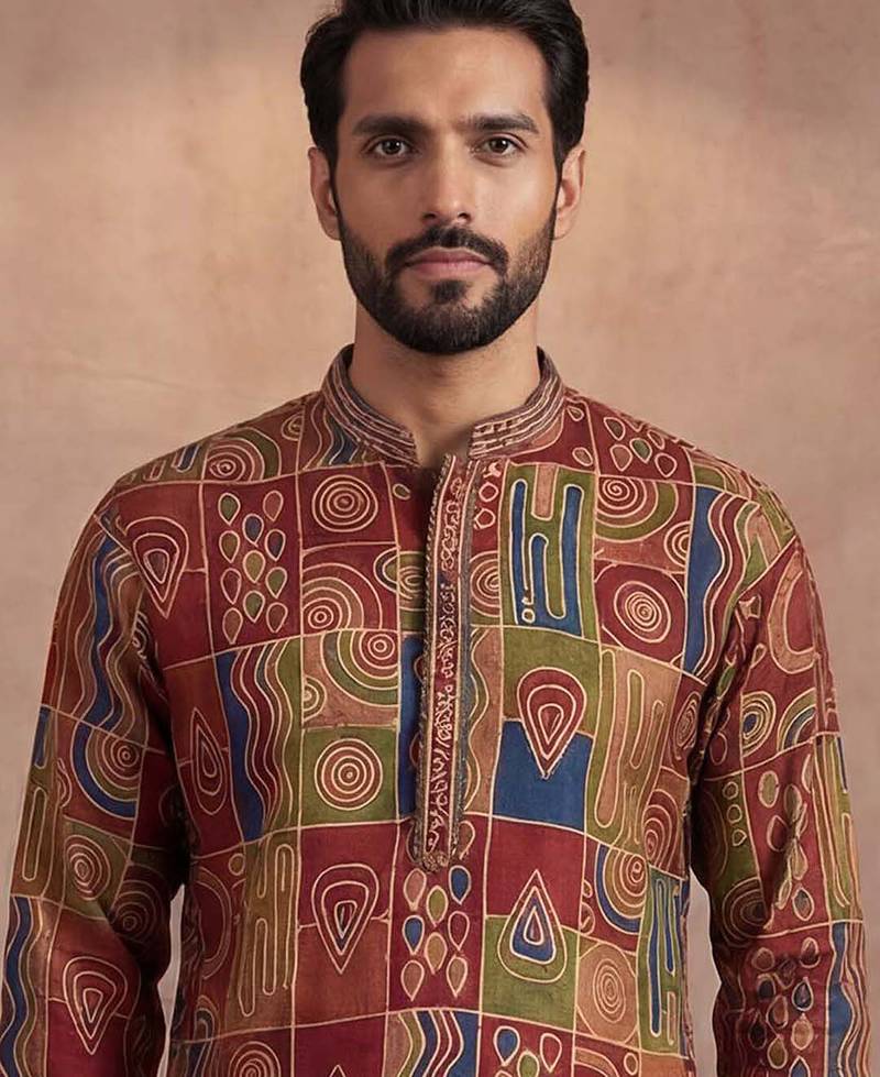 Mens viscose rayon multi abstract printed kurta with trousers