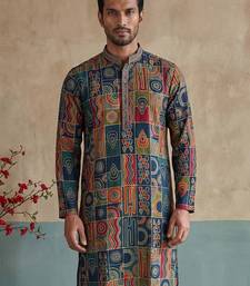 Mens viscose rayon multi abstract printed kurta with trousers