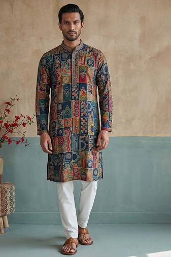 Mens viscose rayon multi abstract printed kurta with trousers