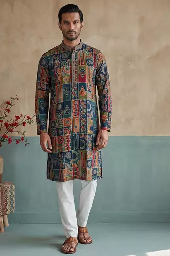Mens viscose rayon multi abstract printed kurta with trousers