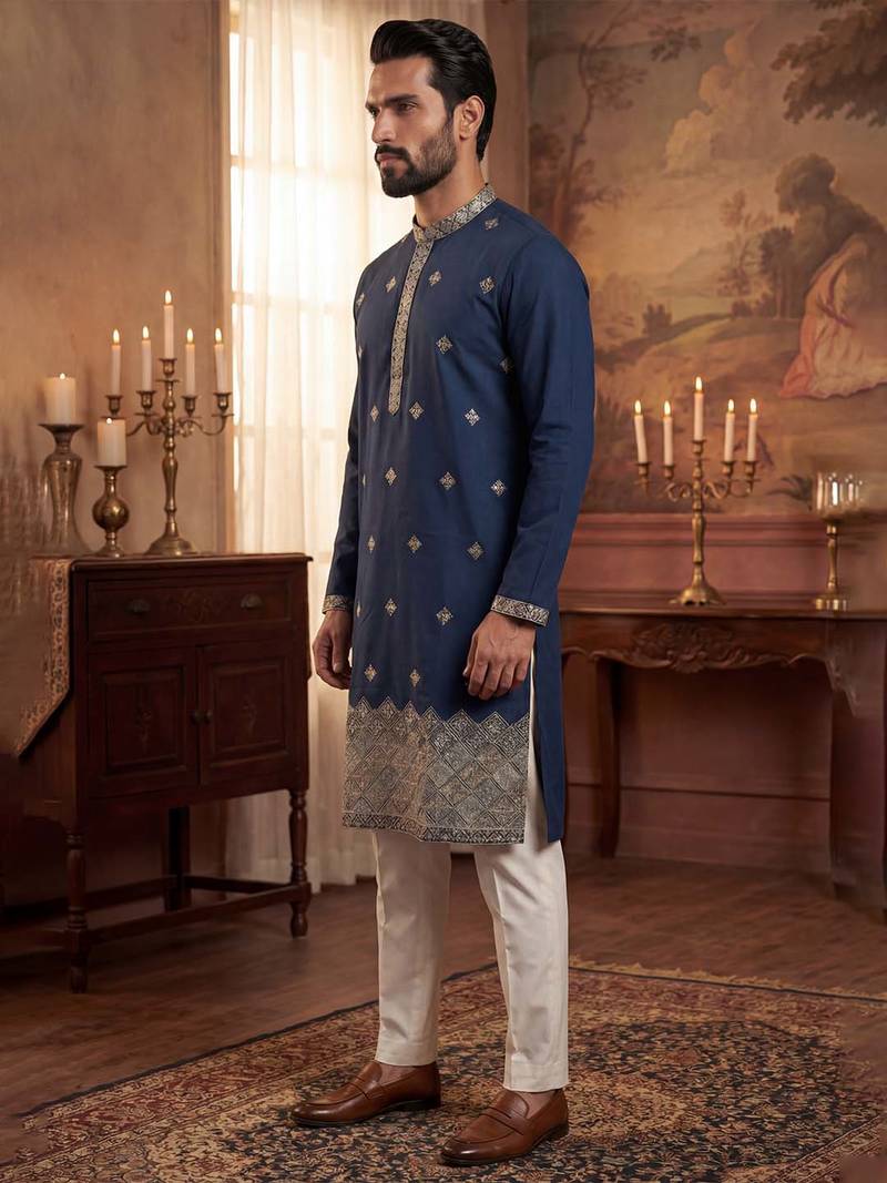 Mens silk blend blue solid embroidered kurta with trousers